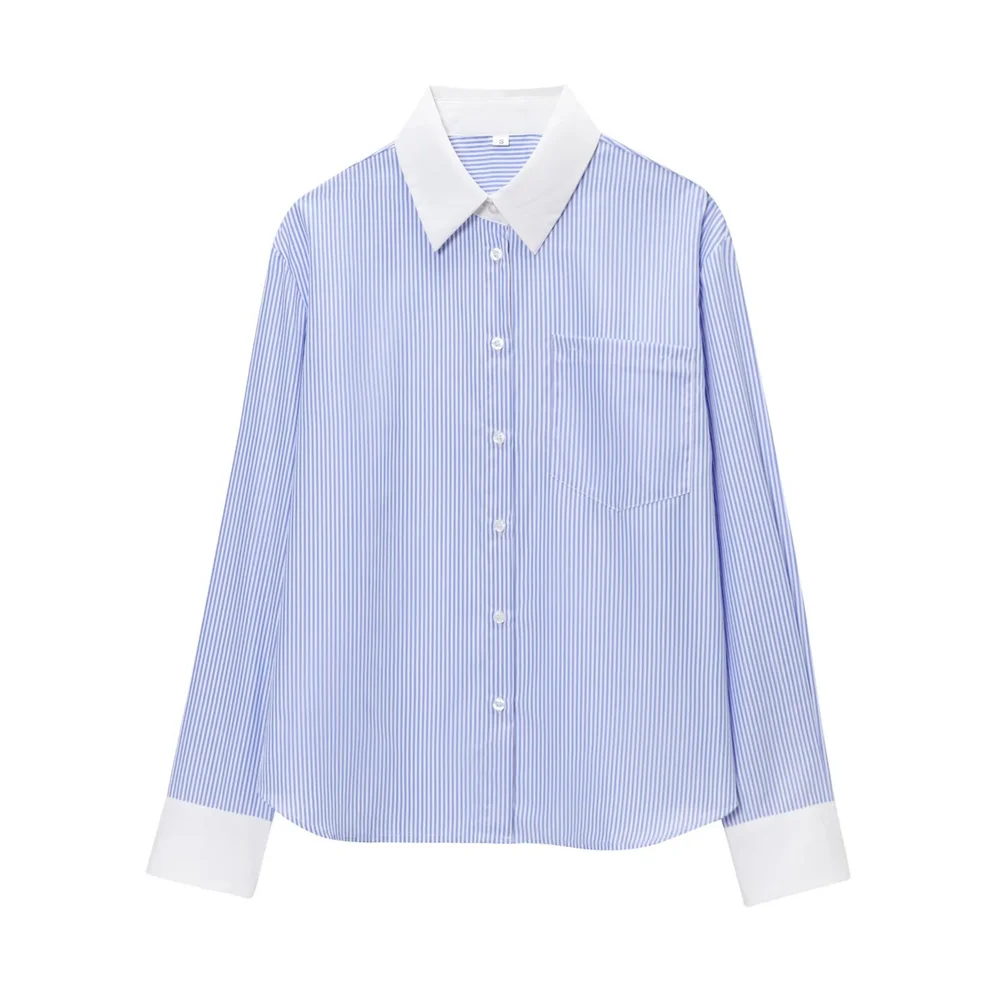 

Taop&Za women's fashionable and versatile contrasting loose striped shirt, summer new single breasted lapel long sleeved casual