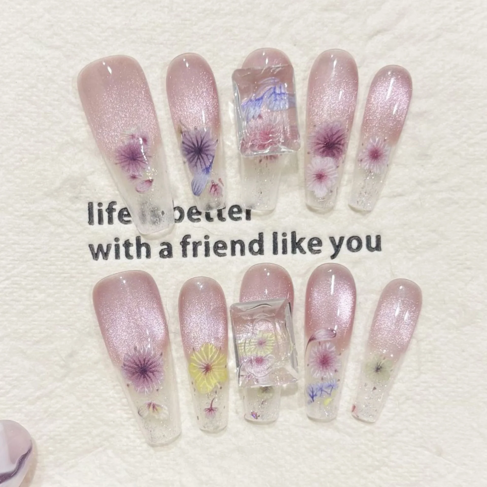 

10 шт., длинные балетные накладные ногти ручной работы, летний день, фиолетовые накладные ногти «кошачий глаз», цветочный гроб, многоразовые накладные ногти, искусство ногтей