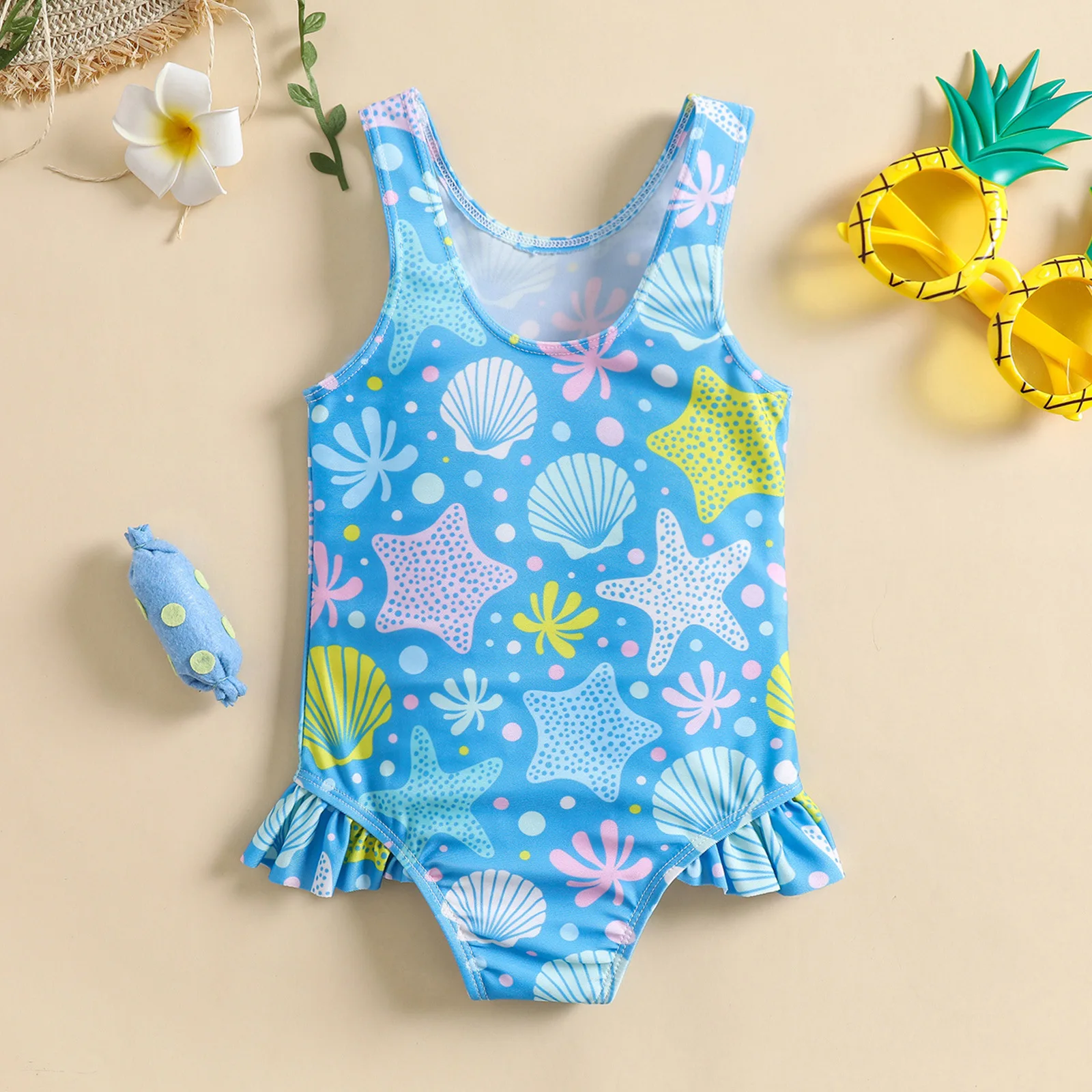 Baby one piece swimsuit with full print starfish and shell marine pattern and leg ruffle design,suitable for seaside trip and po