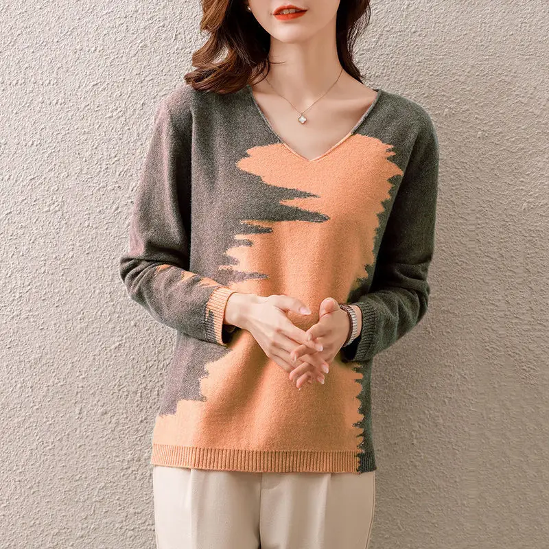 Fall Winter Women Korean Contrast Color V Neck Casual Knitted Sweater Simple Long Sleeve Street Loose Pullover Top Female Jumper