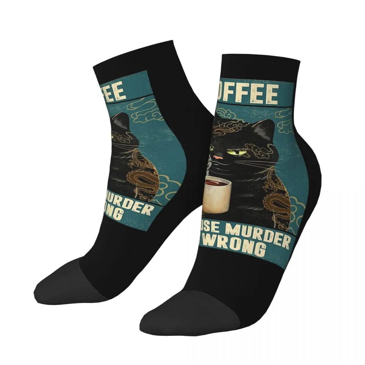 Black Cat Coffee Because Murder Is Wrong Gifts For Cat Lover Socks Harajuku Stockings All Season Socks for Man's Woman's Gifts