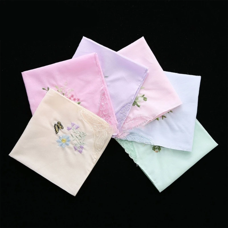 28cm Cotton Soft Embroidered Square Towel Vintage Floral Style Lace Edging Handkerchief Flower Hanky for Women Girls