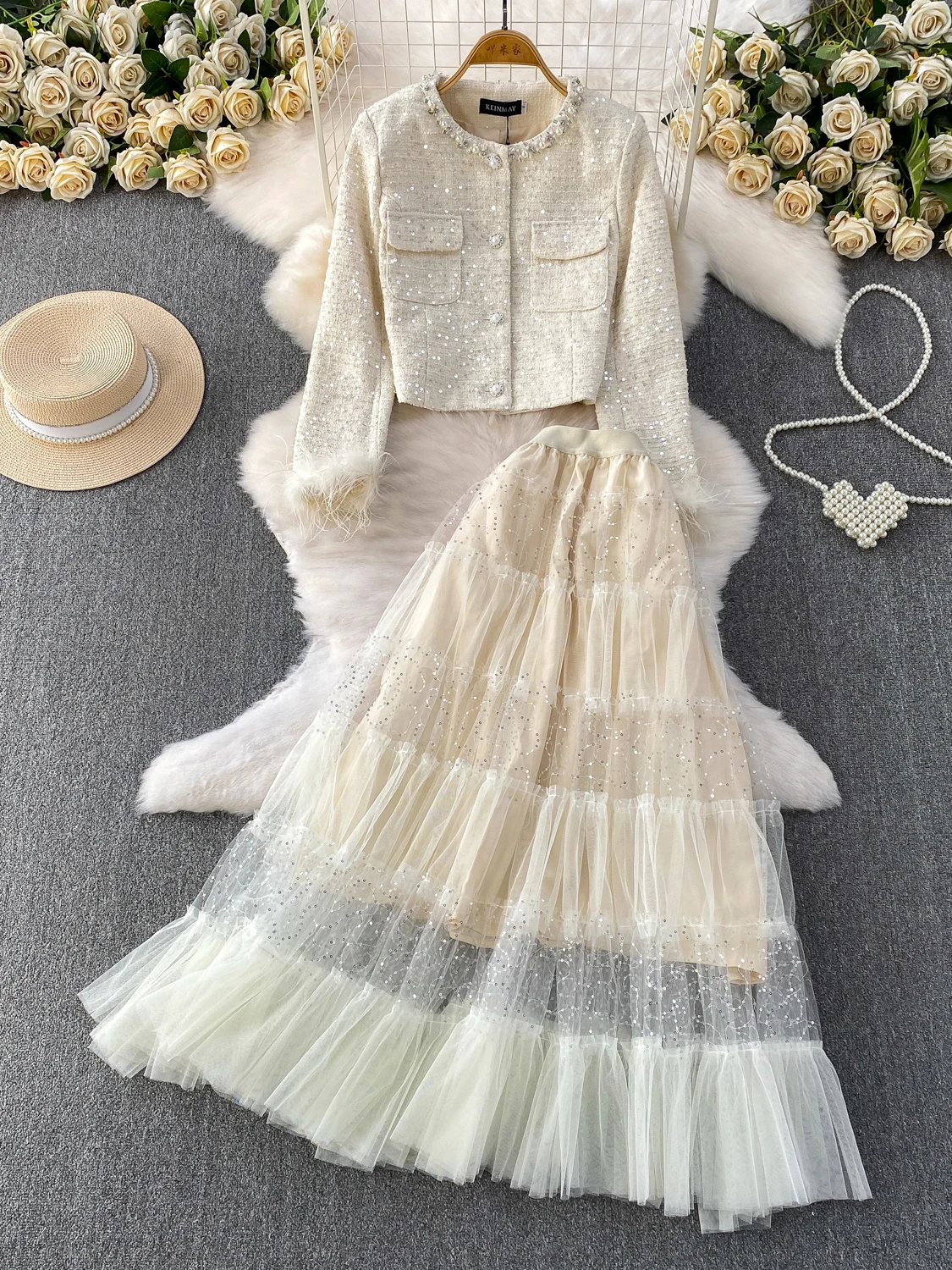 

Glitter Sequin Sleeveless Long Dress And Jacket Set Heavy Embroidery Fashionable Mesh Splicing High Waist Design
