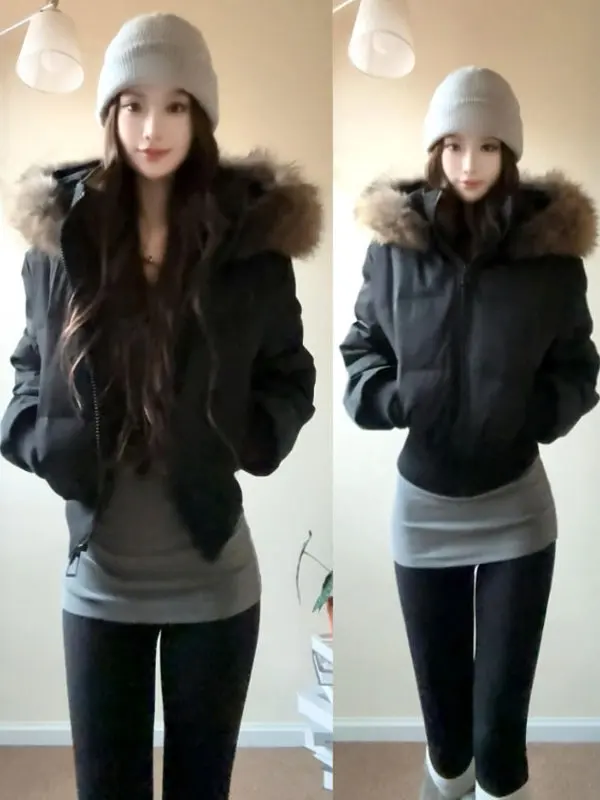 

Korean Sle ort Cotton Jaet with Hood High Quali Ele Faionable Winter Outerwear Straight Cut Long Sve Zipper