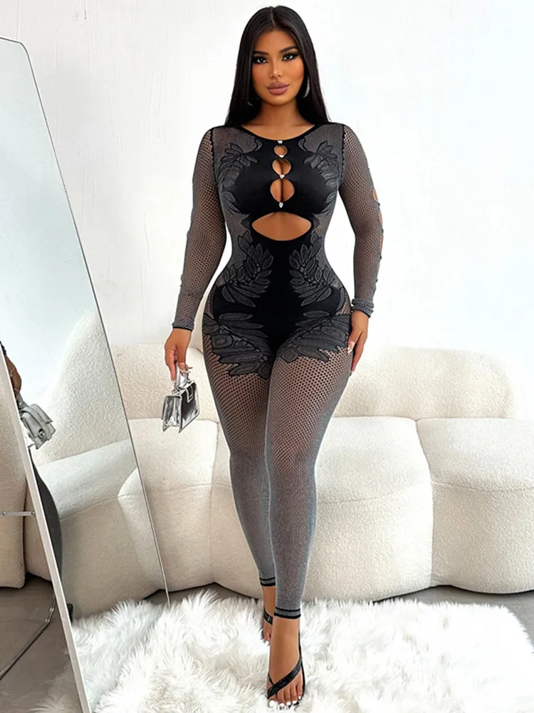 

BKLD New 2025 Women Clothing Solid Color Long Sleeve Hollow Out Slim Fit Sexy One-Piece Outfits Knitted Long Pants Jumpsuits