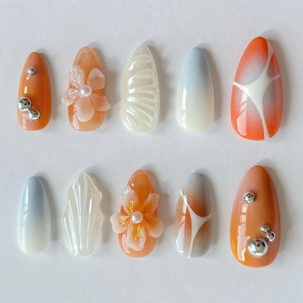 Handwork Ballerina Almonds Press On Nails Art Orange Hand Painted Shell Flowers Full Coverage Reusable Fake Nails Party Sticker