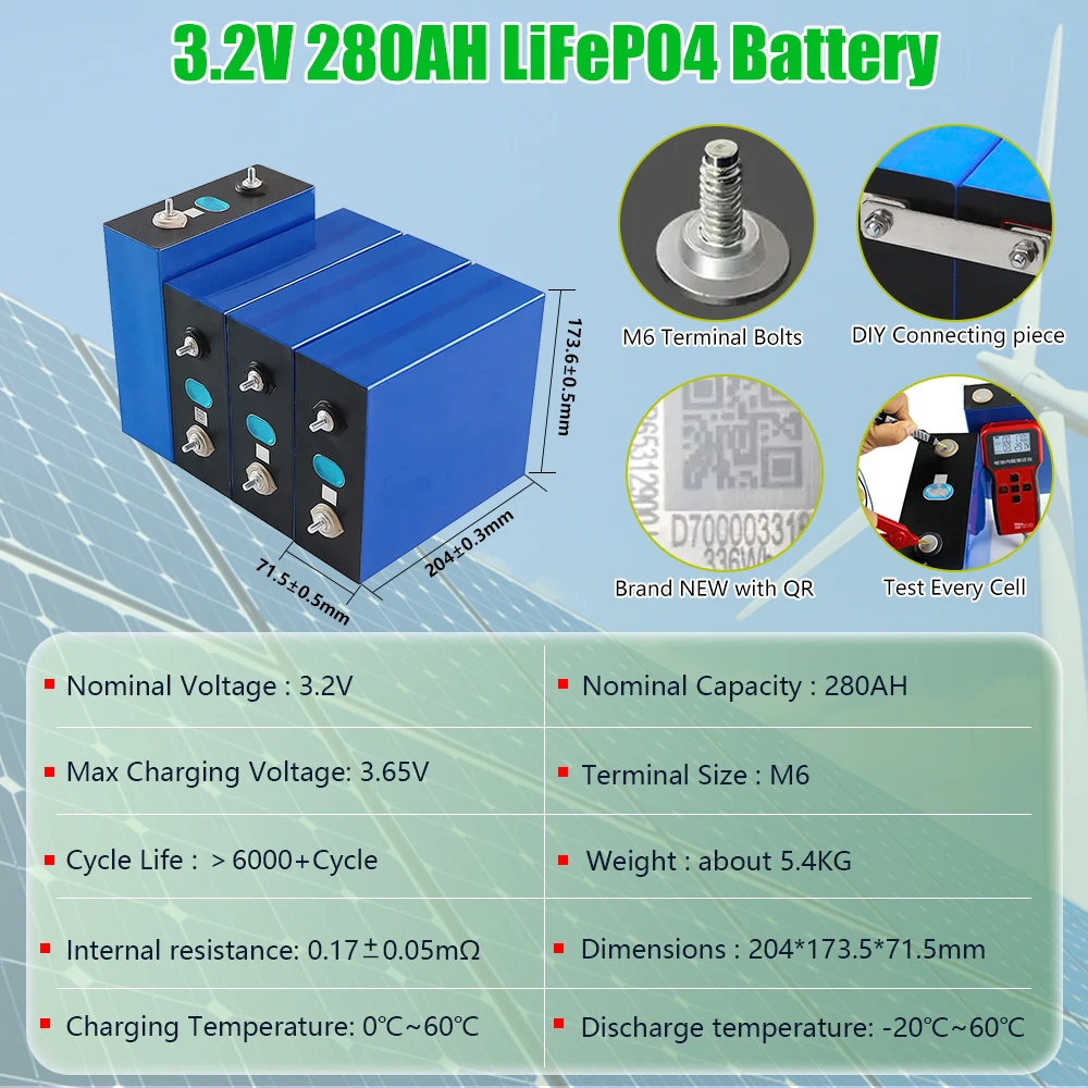 280Ah 3.2V LiFePO4 Battery 310Ah 200Ah 100Ah Cell DIY 12V 24V 48V Full Capacity 6000+ Cycle Grade-A Battery with Studs Screws