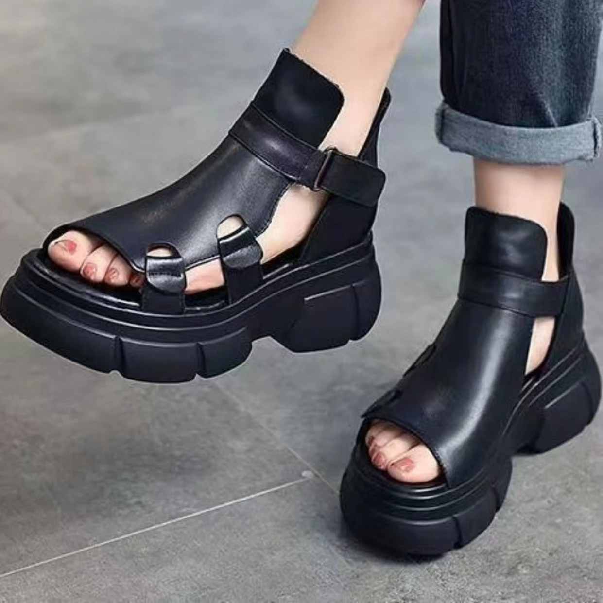 

Women's Summer New Thick Sole Peep Toe Sandals Leather Hollow Out High Top Velcro Lightweight Fashion Wedges Sandals Cool Boots