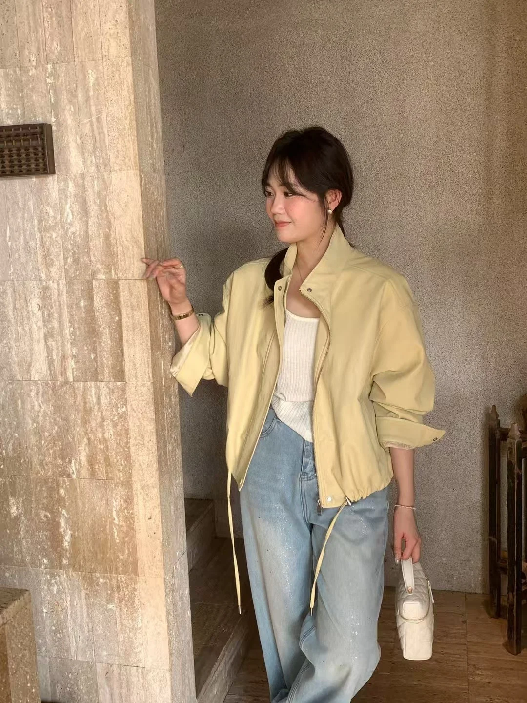 

Bufan H33031 Stand Collar Drawstring Pu Leather Jacket Short Coat Protein Leather Outerwear Women's Fashion Spring