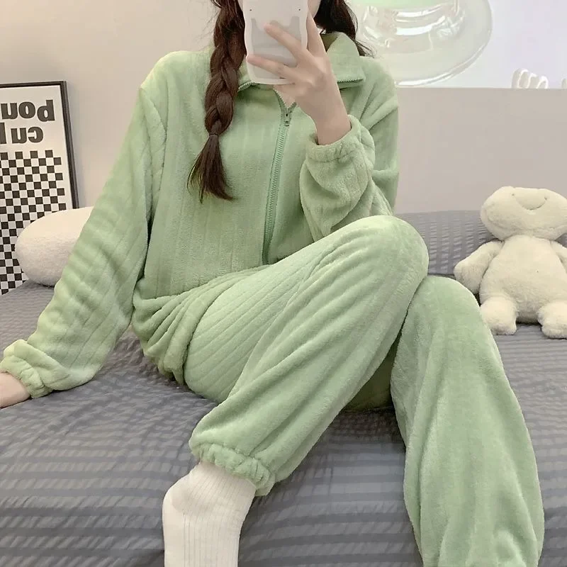 2024 New Autumn Winter Zipper Simple Sleepwear Women Long Sleeve Pants Coral Plush Loungewear Thickened Pockets Flannel Homewear