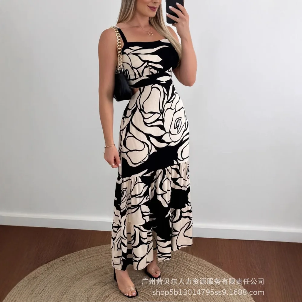 Abito sexy con cinturino lungo Abito estivo con canottiera da donna senza maniche con motivo rosa stampato sexy scava fuori