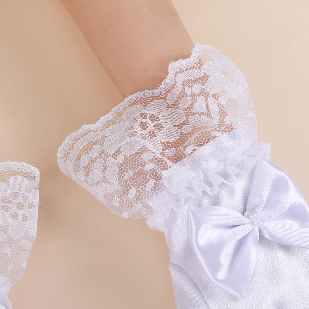 Kids Gloves White Bow Satin Lace Trim Wedding Flower Girl Student Performance Dress Soft Lightweight Child Size Party Daily Gift