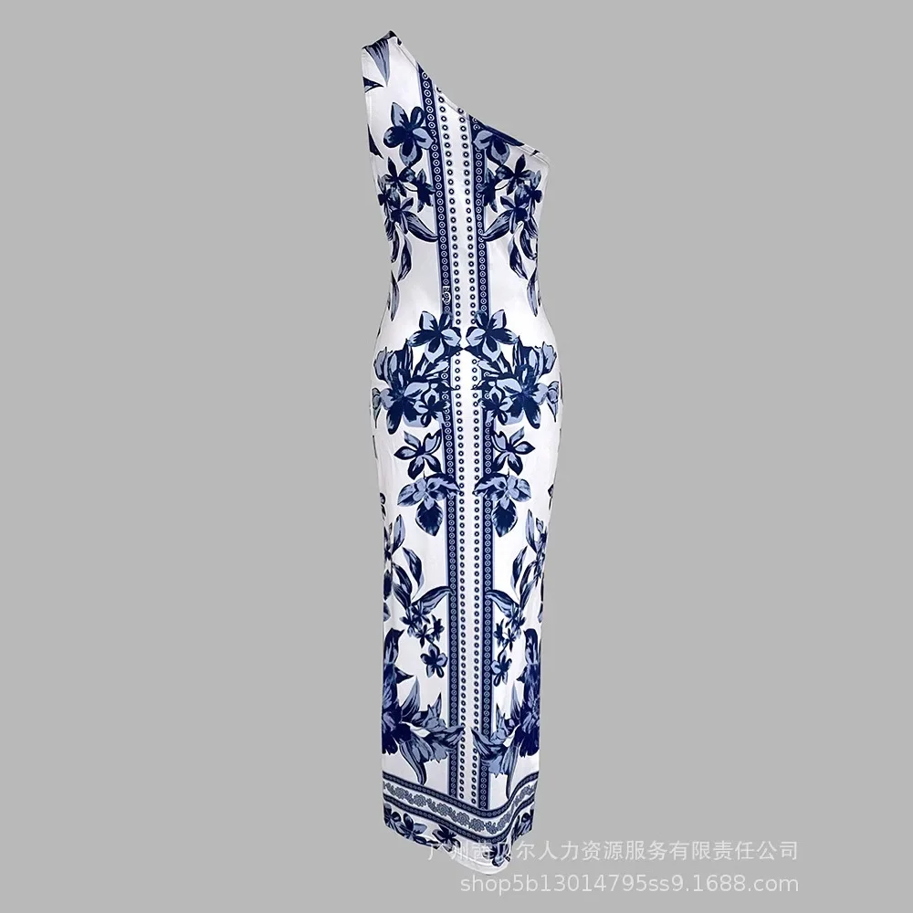 Letnia sukienka bodycon z kwiatowym nadrukiem na jedno ramię, bez rękawów, seksowna sukienka midi z rozcięciem