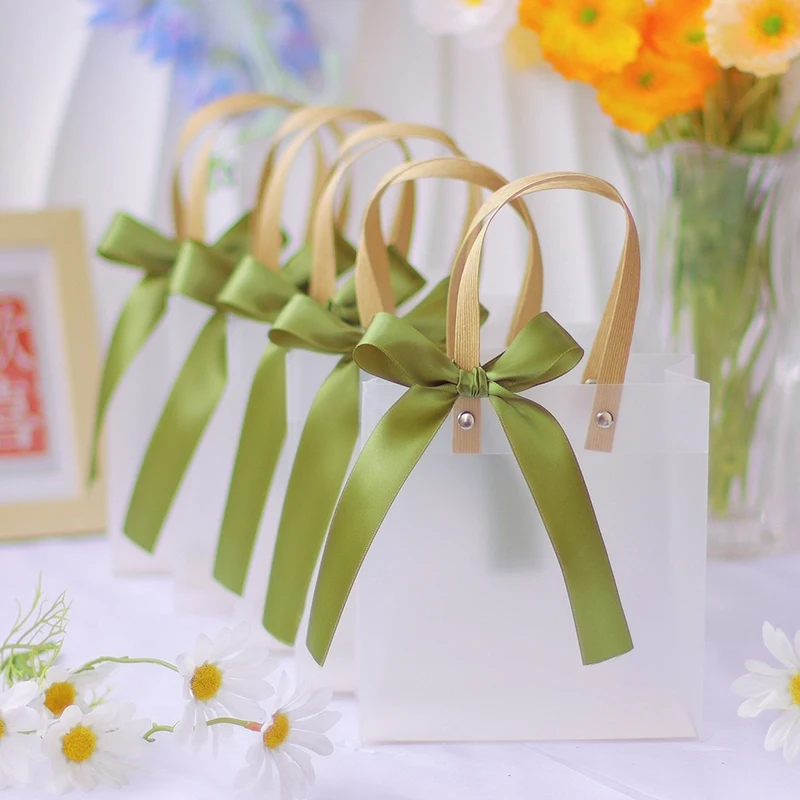 10PCS Luxury Semi Clear Gift Bag with Handles Elegant Bows Green Pink for Festive Graduation Birthday Holiday Gifts Supplies ZYF