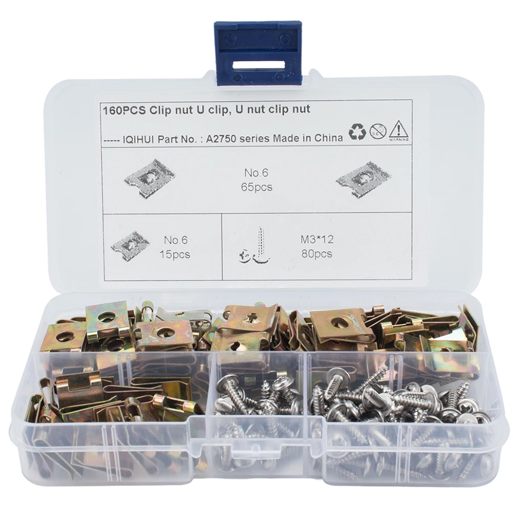 

160pcs U Nut Fastener Kit Manganese Steel Spire U Clip Self Tapping Screw For Panel Bumper Wire Fixing Motorcycle