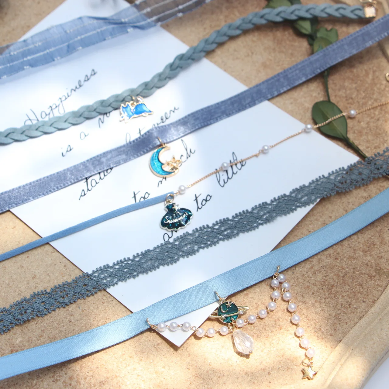Sweet Blue Band Choker Necklace for Women Fashion Cat Pendant Moon Globe Pearl Clavicle Jewelry Accessory Girl Gift