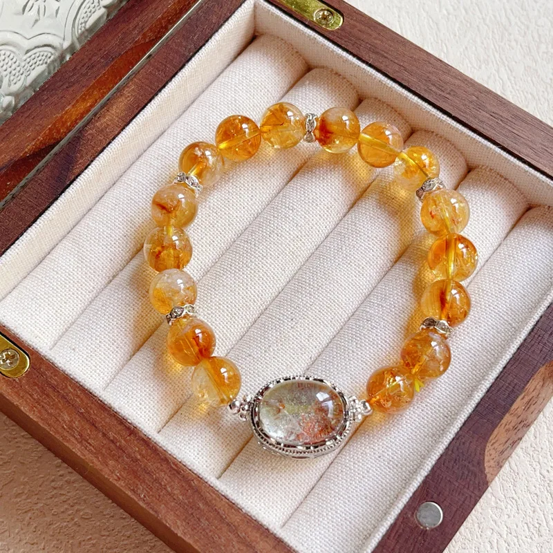 

Nature Alluring Citrine Energy Cystal Bracelet for Women: Amethyst & Azeztulite with Himalayan Ice-like Veins and Shining Drusy