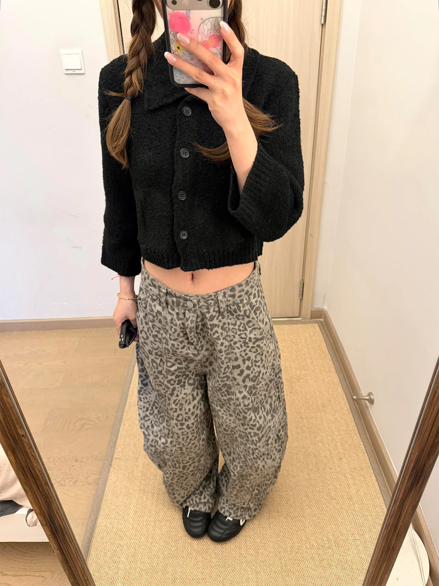 

Summer 2026 Women's Loose Fit High Waist Wide Leg Denim Pants Leopard Print Straight Cut Washed American Style Casual Trousers