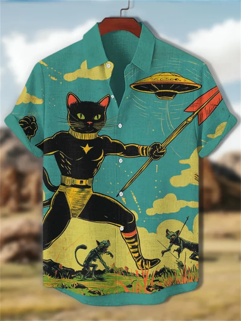 

2026 New Summer Casual Men's Retro 3D Cat Printed Art Shirt Short Sleeve Designer Social Linen Clothing Top Shirt