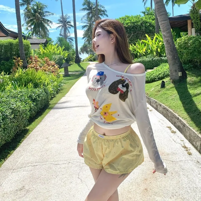 High End Girl Loose Long Sleeved Shirt Bikini Flat Corner Four Piece Vacation Hot Spring Cute Fresh Swimsuit Water Color Tone - Image 4