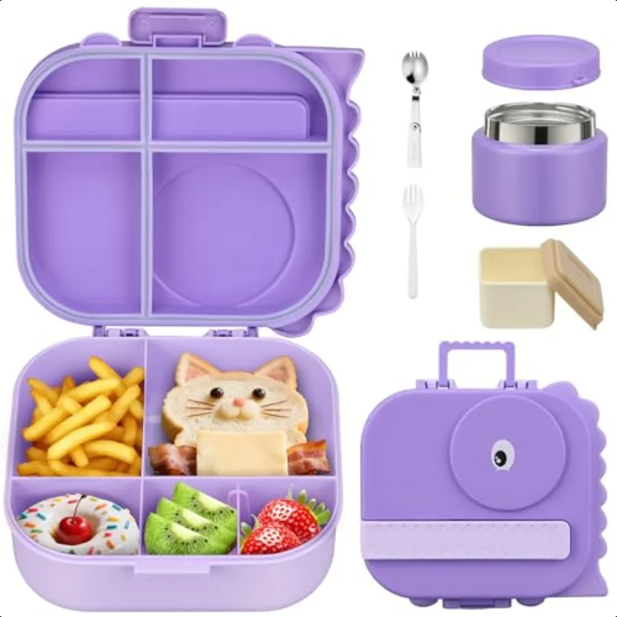 

Lunch Box with 5 Compartments Insulated Food Jar Utensils Leak Proof Bento Box with Sauce Container BPAFree Dishwasher Safe Din