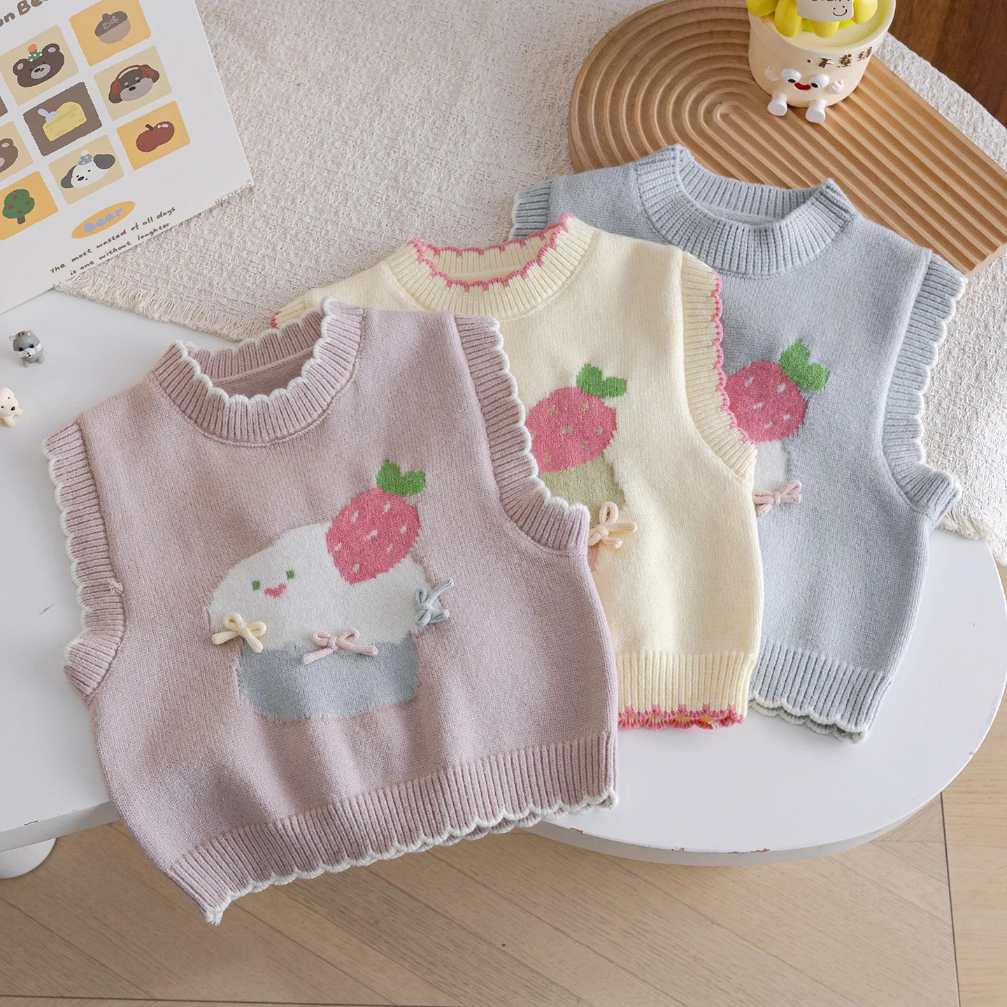 Spring Autumn Children's Knitted Tank Top Baby Girls Cartoon Strawberry Printed Sleeveless Sweater Round Neck Warmth Waistcoat
