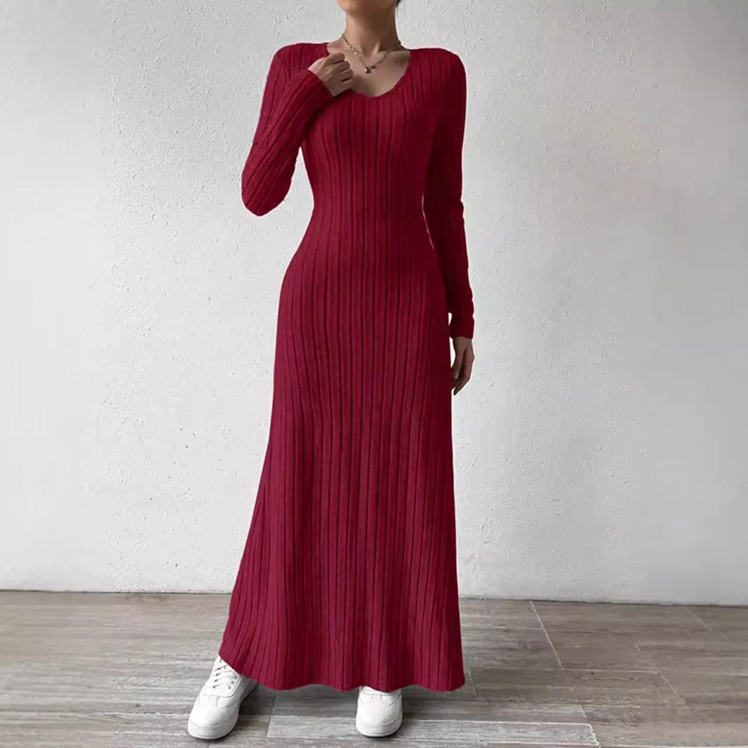 Fashion slim a-line Maxi Dress for Women autumn winter Solid V-neck Bodycon Dress long sleeve elastic Knitted wedding Dresses