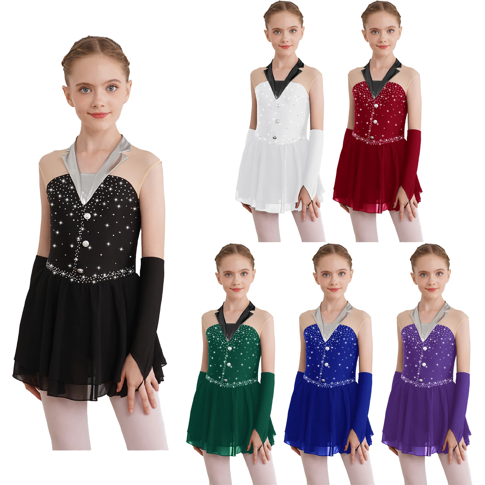 Ballet Dance Leotard Dress Kids Girls Sleeveless Chiffon Built-in Briefs One-Piece Figure Skating Dress+Fingerless Gloves Sets