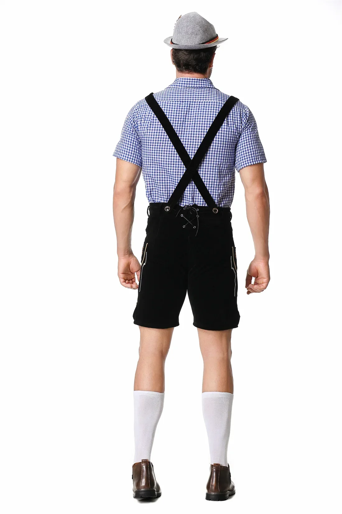 Male German Oktoberfest Lederhosen Costume Short Sleeve Suspenders Rompers Shirt Hat Bavarian Beer Festival Men Cosplay Outfit