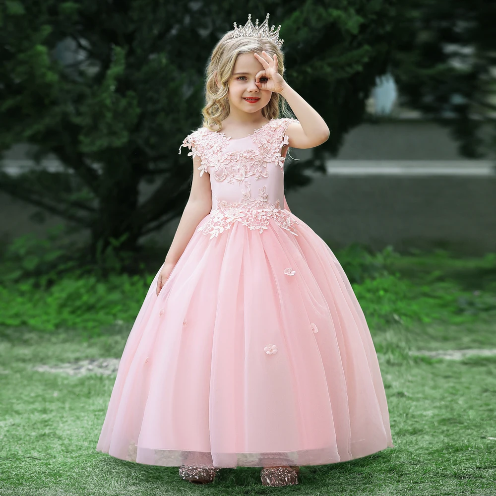 Formal Tulle Flower Bridesmaid Girls Dress Vestido White Wedding Princess Prom Kids Party Dresses For Girls Bow Birthday Costume