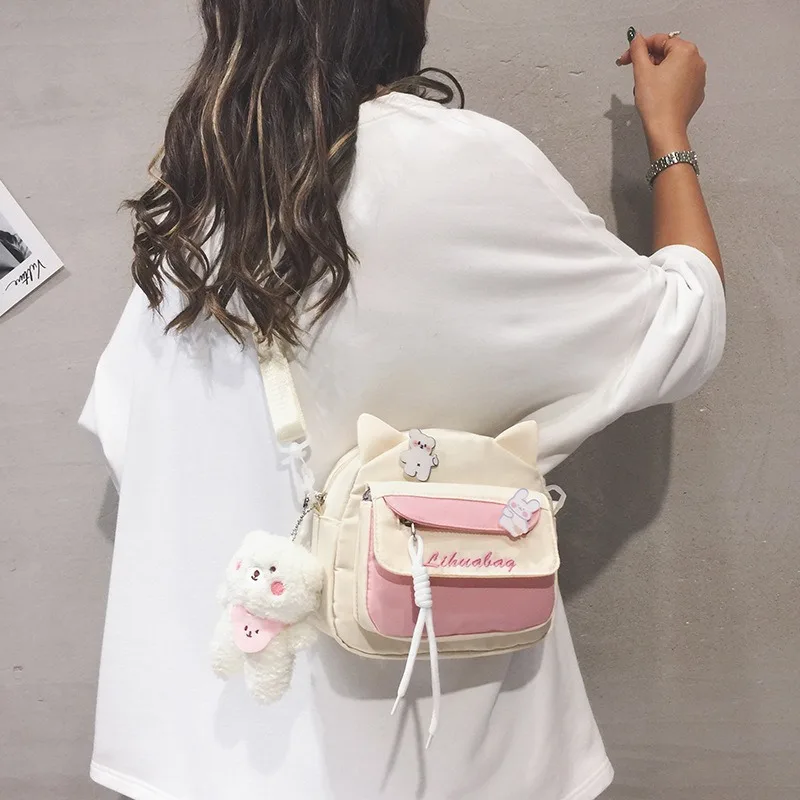 Sweet Girls Ear Canvas Crossbody Bags 2024 New Kawaii Shoulder Bag All Match Simple Letter Cute Pack Japanese Bolsos Mujer