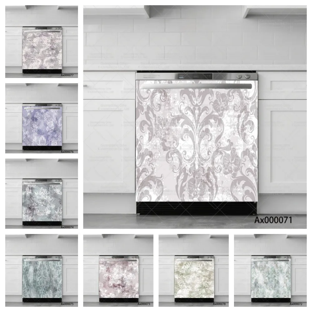 Vintage Textured Dishwasher Stickers Damask Pattern Self-Adhesive Kitchen Appliance Cover Decals for Home Art Mural Crafts