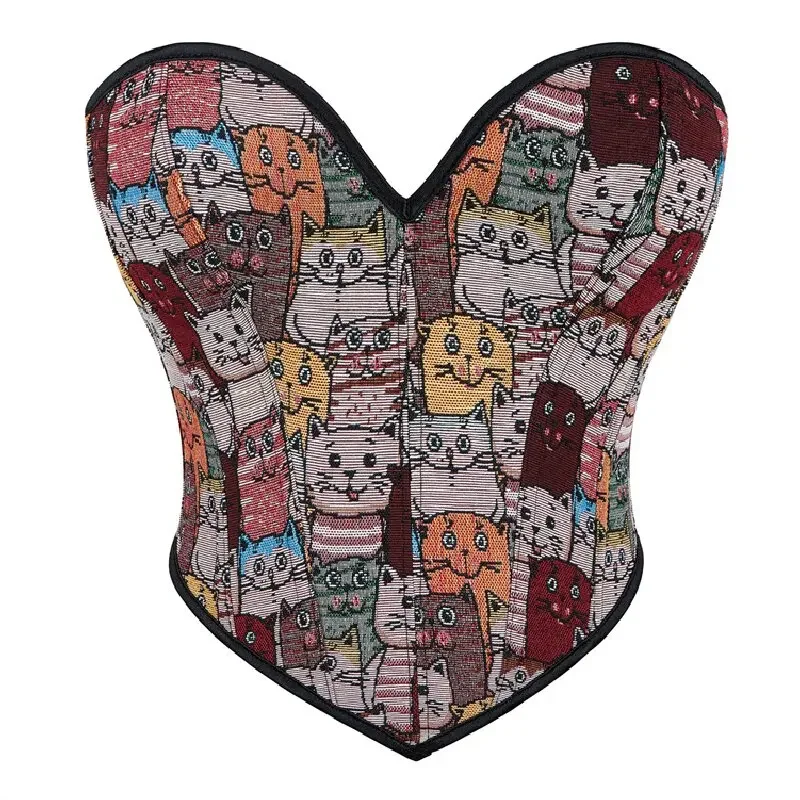 

Sexy Women Strapless Corset Crop Tops Colored Print Cat Pattern Overbust Lace-Up Bustiers Body Shaper Short Corselet