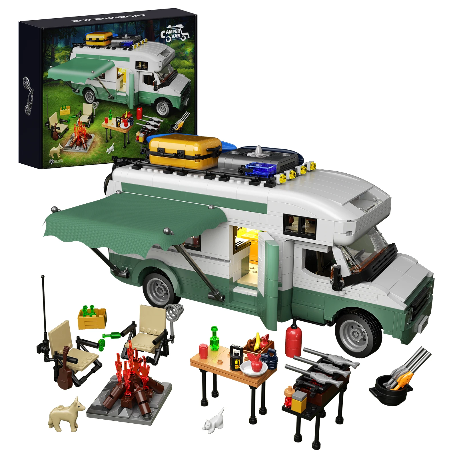 MOC-Camping-car Van de vacances, kit de nuit de construction avec boîte et lumière, grands véhicules, modèle de caravane, jouets de collection