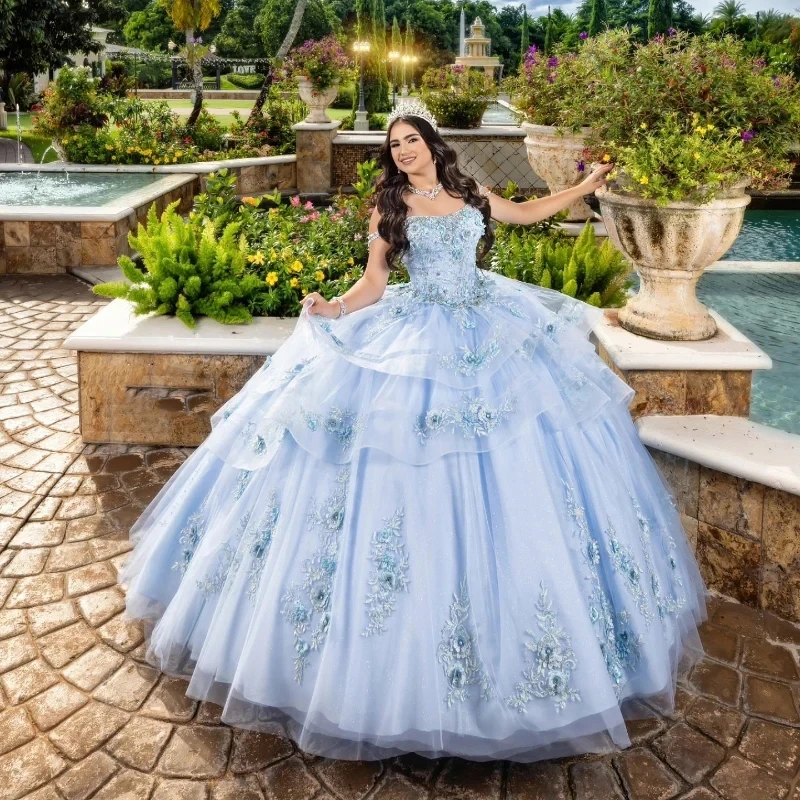 

2024 Sky Blue Beading Puffy Ball Gown Elegent Princess Appliques Lace Beads Quinceanera Dresses Luxury Birthday Party Dresses