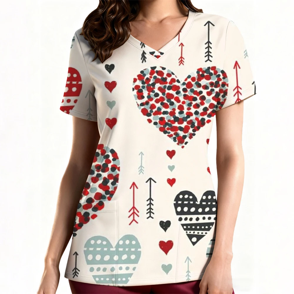 

Women T Shirt Love Print With Pockets V-Neck Scrubs Uniforms Pet Grooming Nurse Spa Caring Tees Top Surgical Uniform Woman