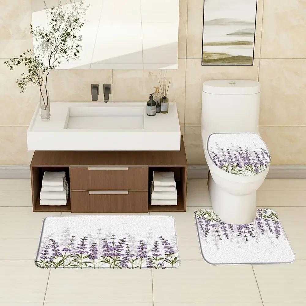 Purple Lavender Vineman Botanical Rug Set Watercolour Botanical Flower Butterfly Genie Bath Mats Bathroom Decor Accessories