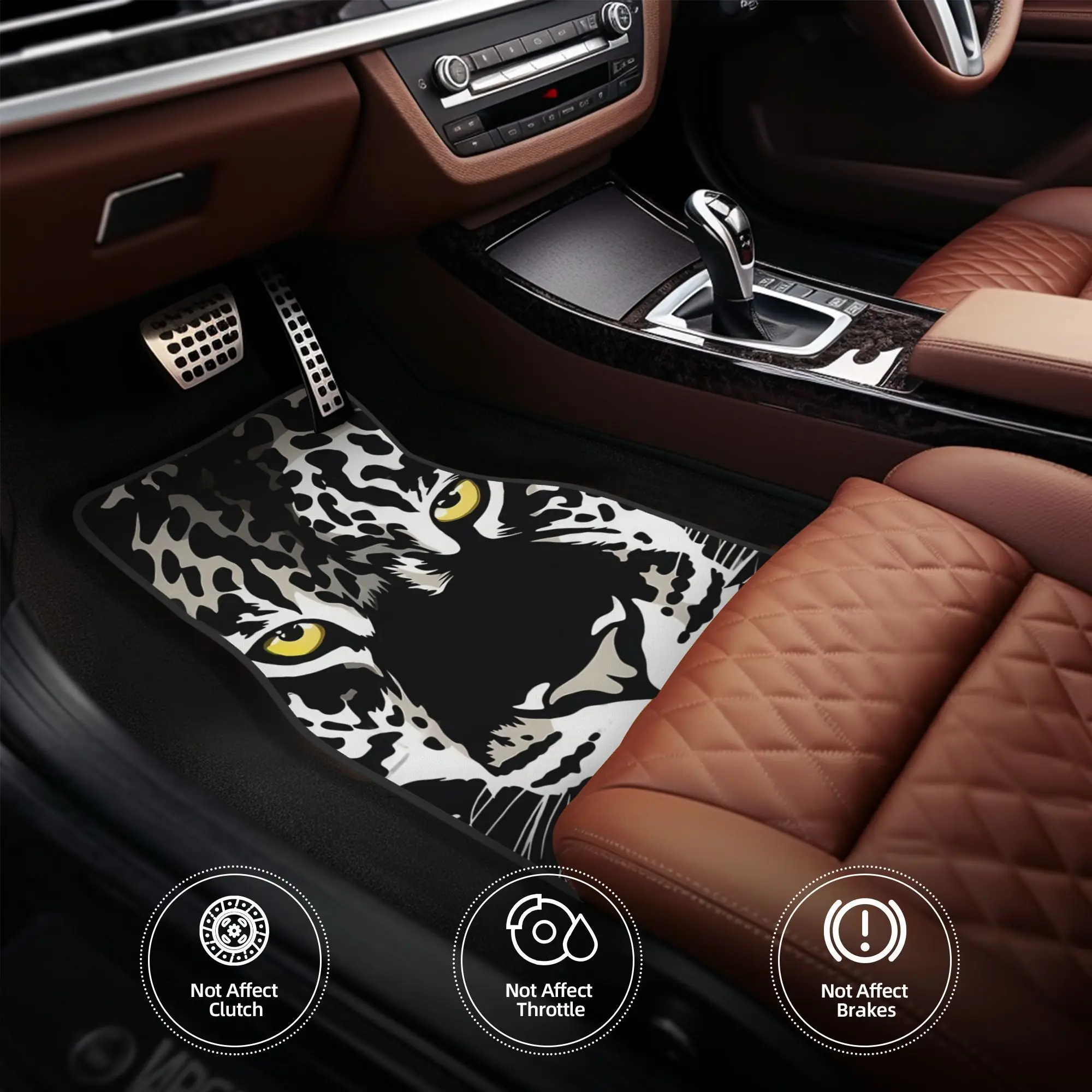 4pcs Black & White Leopard Print Car Floor Mats - Heavy-Duty, Non-Slip Fit With Precise Pedal Cutouts, All-Weather Protection &