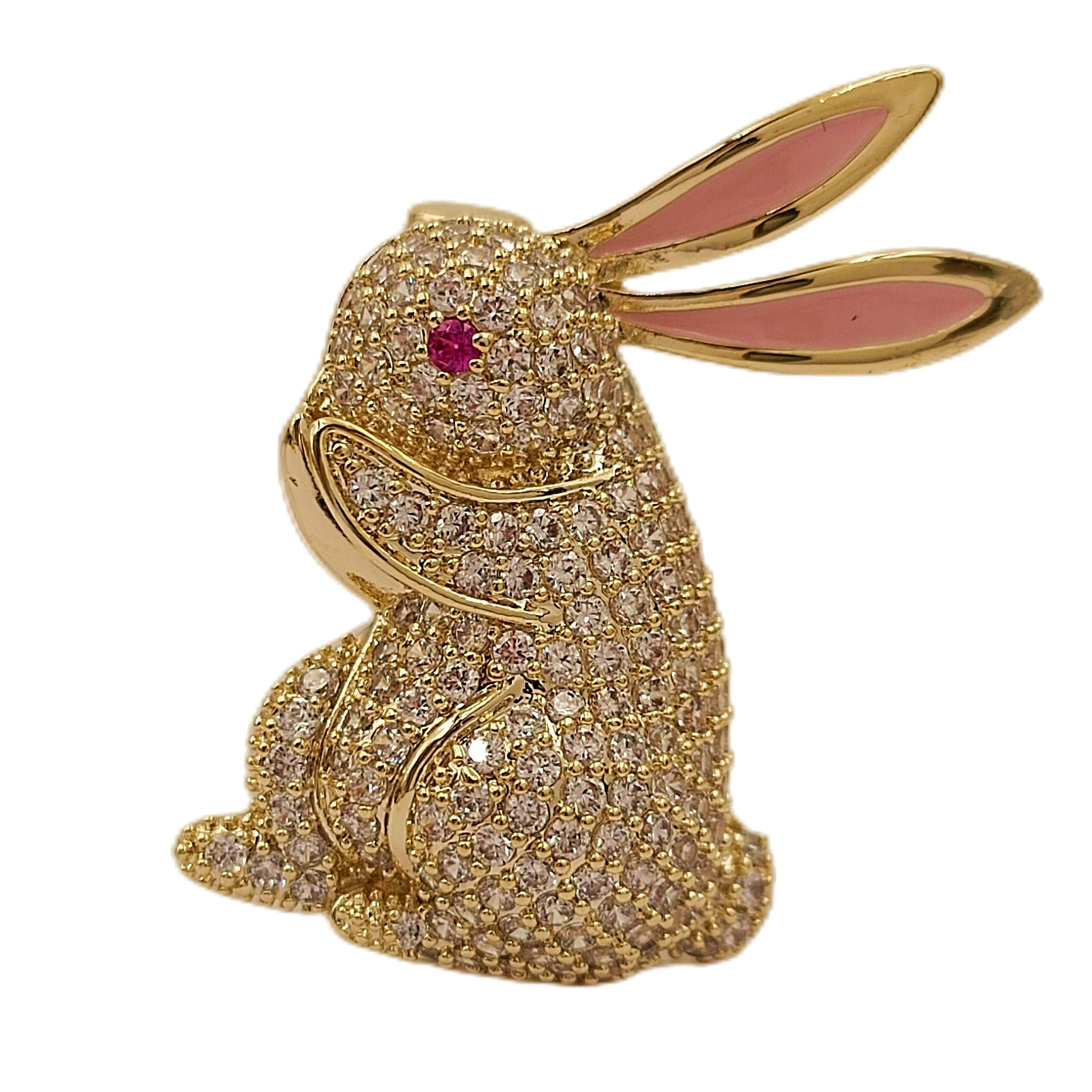 

Adorable Sparkles Full Clear CZ Golden Bunny Rabbit Brooches Pins with Pink Eyes and Ears Easter Adore Decoration Girly Jewelry