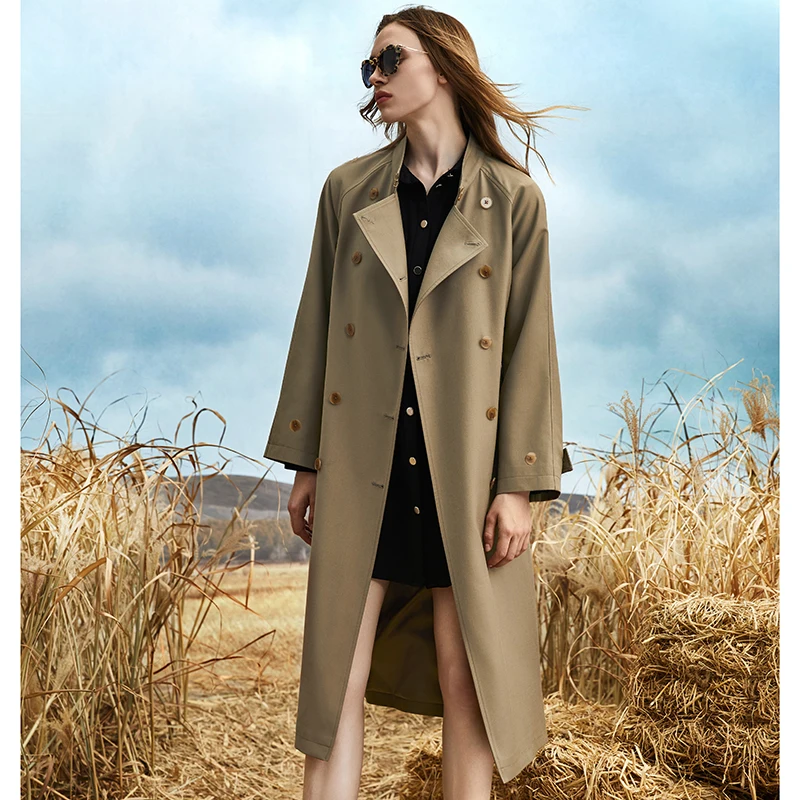 British style khaki trench coat women's double breasted 2024 autumn new temperament in the long coat high-end over the knee