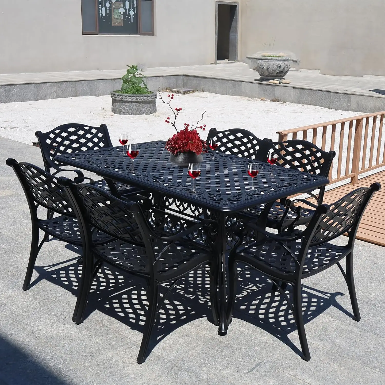 

Rectangular Patio Dining Table for 6 Person Cast Aluminum Patio Table with 2.5" Umbrella Hole, All Weather Patio Bistro Tabl