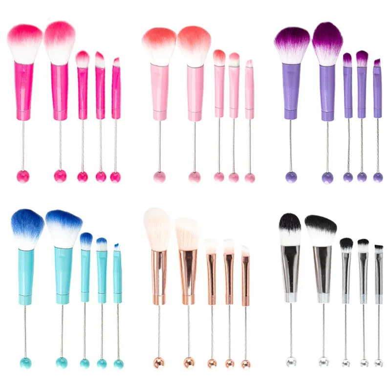 

5pcs DIY Metal Handle Beaded Makeup Brush Set Blush Loose Powder Oblique Eye Shadow Eyebrow Brush Beaded Beauty Tools.