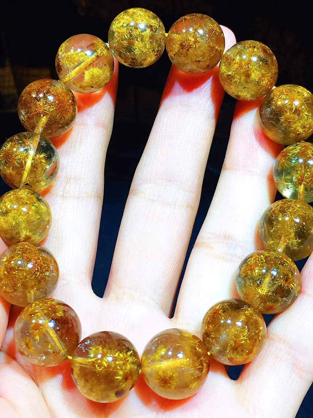 

Natural Gold Rutilated Quartz Titanium Bracelet Cat Eye 13.7mm Wealthy Woman Men Clear Round Beads Jewelry Brazil AAAAAAA