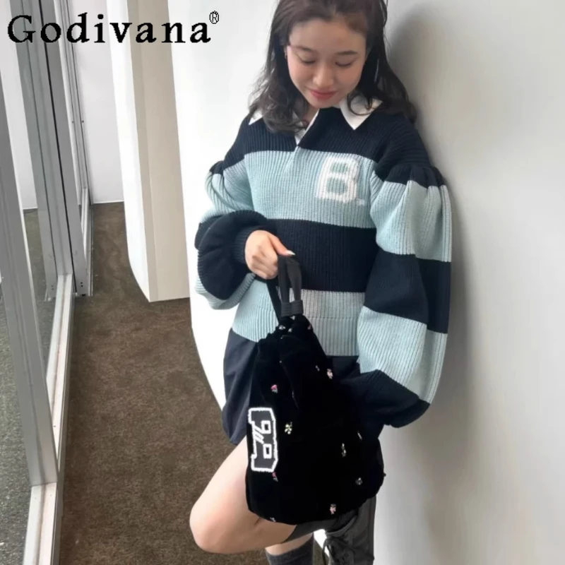 

Japanese Sweet B letter Embroidered Knitted Striped Sweaters New Spring 2026 Women's Polo Collar Loose Casual Sweater Pullovers