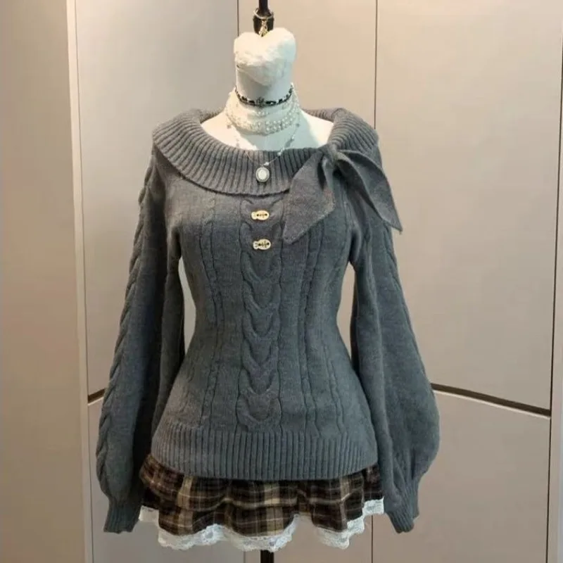 اليابانية الحلو نمط الأرنب الأذن متماسكة سترة كابل متماسكة سليم صالح البلوز المرأة طالب أعلى رمادي وردي متاح Kawaii الأزياء #3