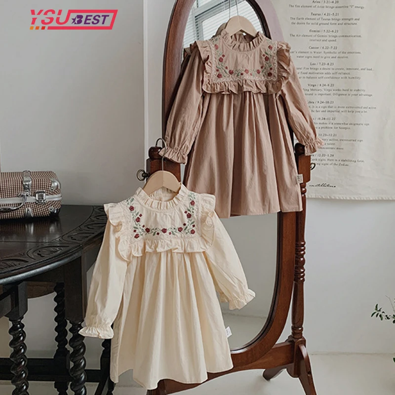 

Spring Dress Flower Embroidery Design Girls' Dress French Round Neck Ruffle Cute Autumn Girls' Long Sleeve Dress Kids Clothes