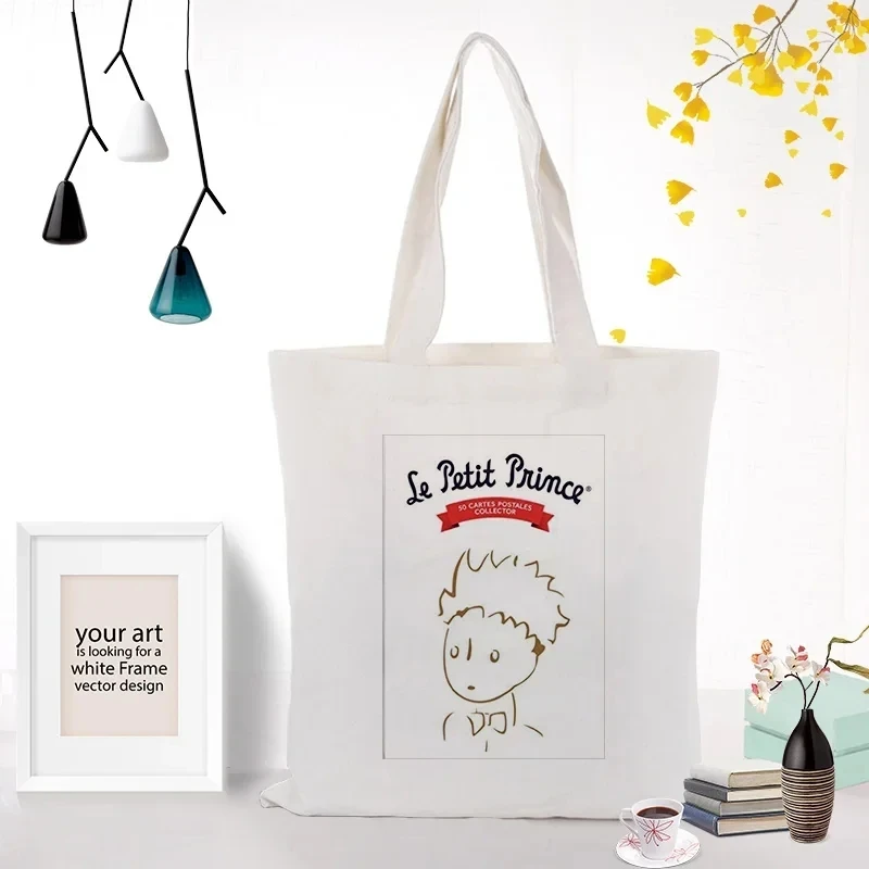 Cute Cartoon Tote Bag Canvas Tote Bag Little Prince Serial Printed Text uso quotidiano borsa per la spesa bianca riutilizzabile Eco fai da te