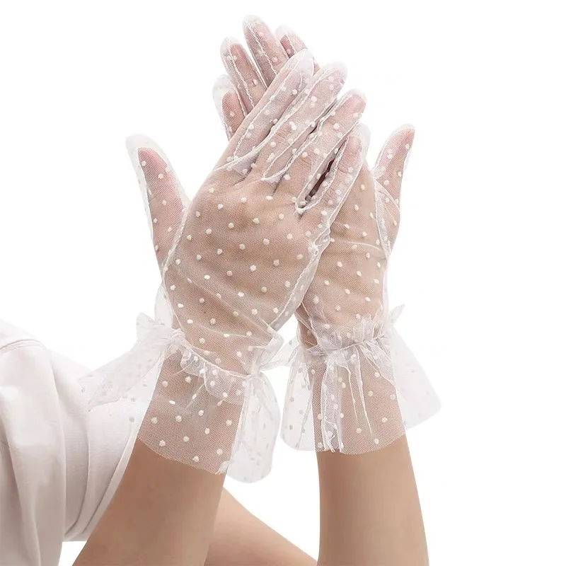 Gloves Black Polka Dot Short Lace Trim Women Bridal Wedding Breathable Bike Sun Protection Lightweight Polyester Mesh