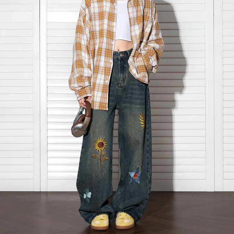 Frühlings- und Herbst-Jeans im koreanischen Stil mit Sonnenblumen-Stickerei für Herren, gerade geschnitten, High Street, lockere, weit geschnittene Hose, Freizeithose