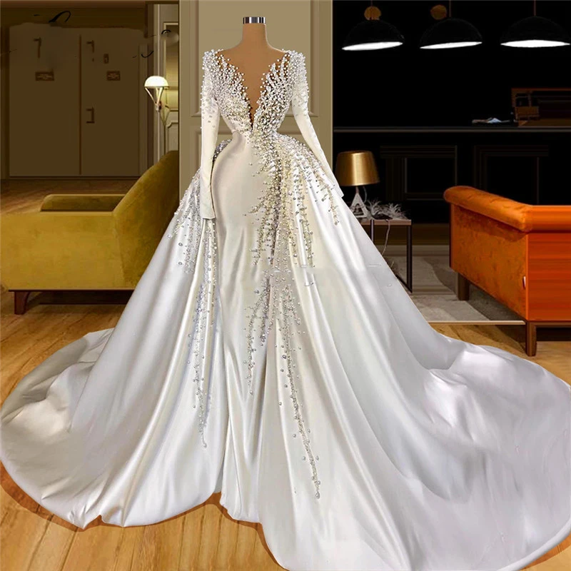 Custom Made Satin Pearls Wedding Dresses for Bride Luxury Mermaid Bead Long Sleeve with Detachable Skirt Africa Bridal Gowns